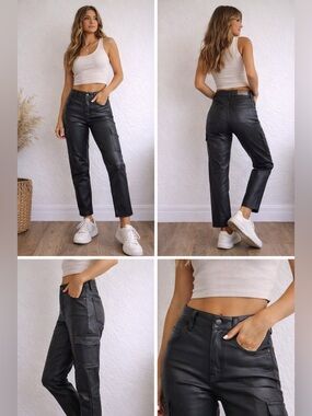 Paige Coated Cargo Pants Black Faux Leather Look Size 26